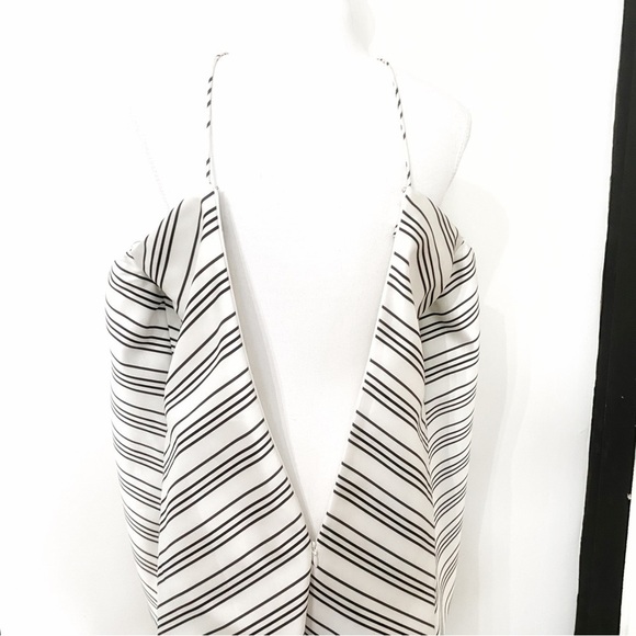 Amur WHITE BLACK SATIN STRIPED HALTER OFF THE SHOULDER LONG BELL SLEEVE DRESS - Picture 8 of 12